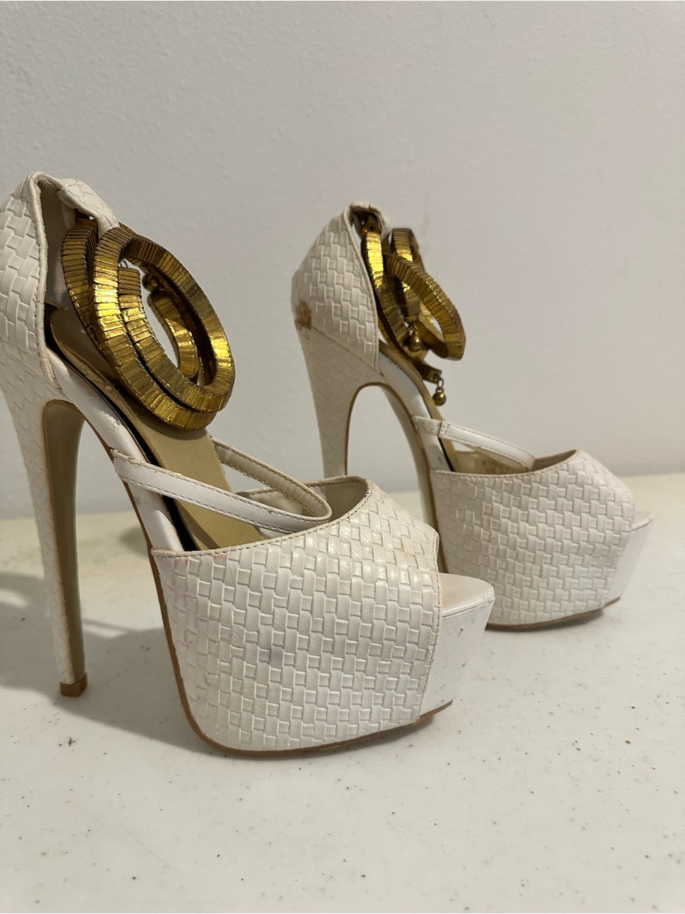 White Woven Platform Peep-Toe Heels with Gold Coil Accent